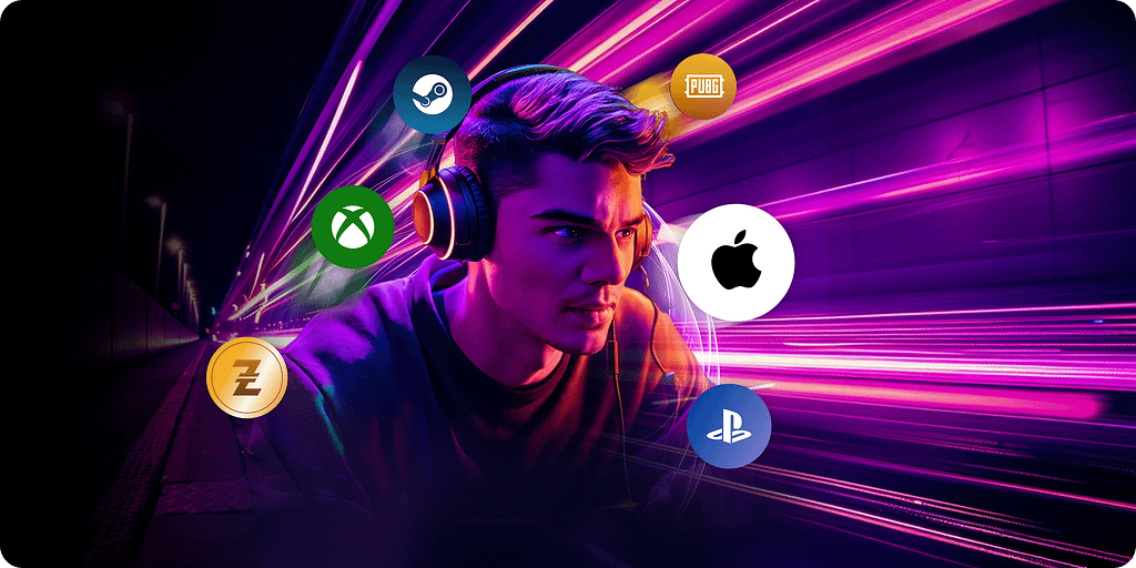 Gamer surrounded by digital gift card icons including Apple, PlayStation, Xbox, Steam, and PUBG, representing the growing digital gift cards market 2025 trend.