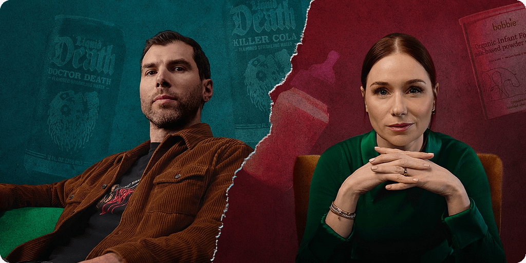Split-screen portrait highlighting digital gift card ideas and branding insights "Split-screen portrait of a man and a woman. On the left, a man in a brown corduroy jacket and black shirt sits against a teal background featuring faded images of 'Liquid Death' sparkling water cans. On the right, a woman in a green blouse rests her hands together against a maroon background showing faint packaging of 'Bobbie' organic infant formula. The torn paper effect divides the two sides."