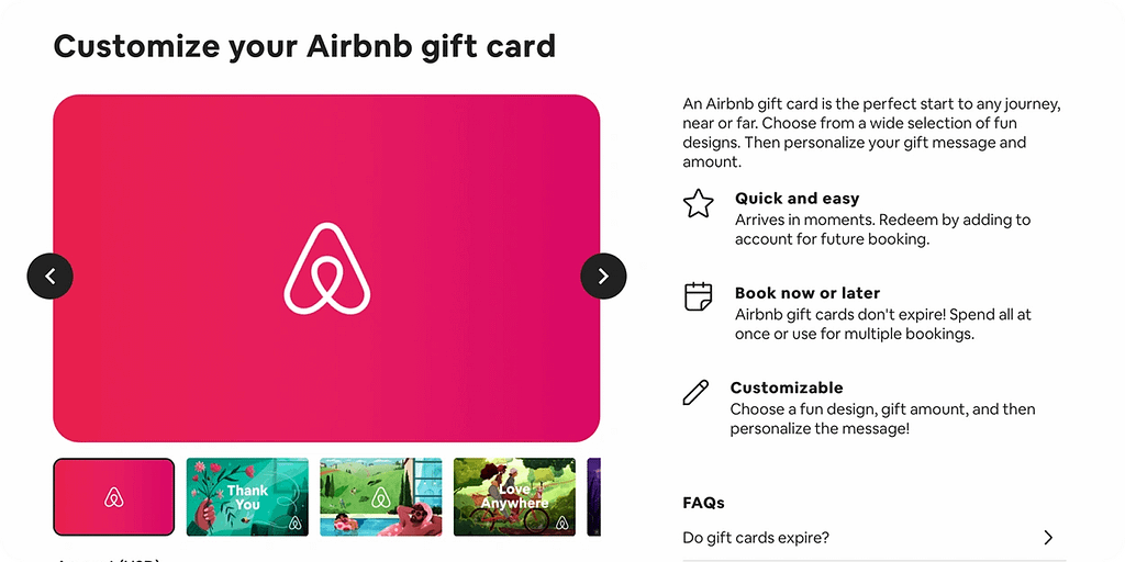 Customize your Airbnb gift card with personalized designs and booking options Airbnb gift card customization page showing pink Airbnb card design with options to personalize message, amount, and style