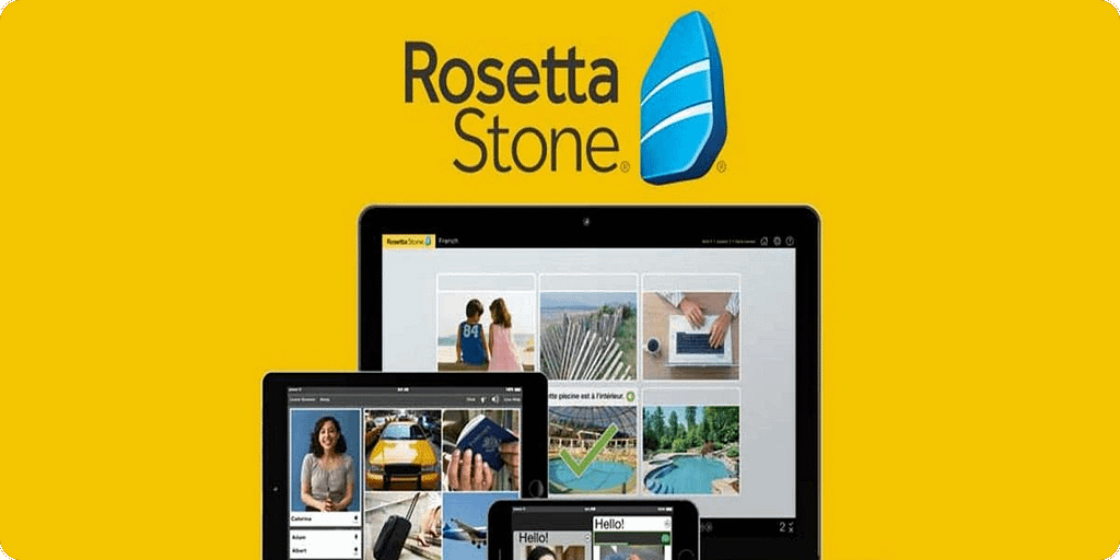 Rosetta Stone language learning software with interactive lessons on multiple devices Rosetta Stone language learning logo with tablet, smartphone, and laptop screens showing interactive lessons on a yellow background.