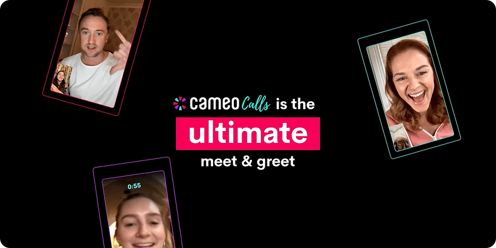 Cameo Calls — the ultimate virtual meet and greet with celebrities Cameo Calls promo with celebrities on video chat screens and text saying 'Cameo Calls is the ultimate meet & greet' on a black background