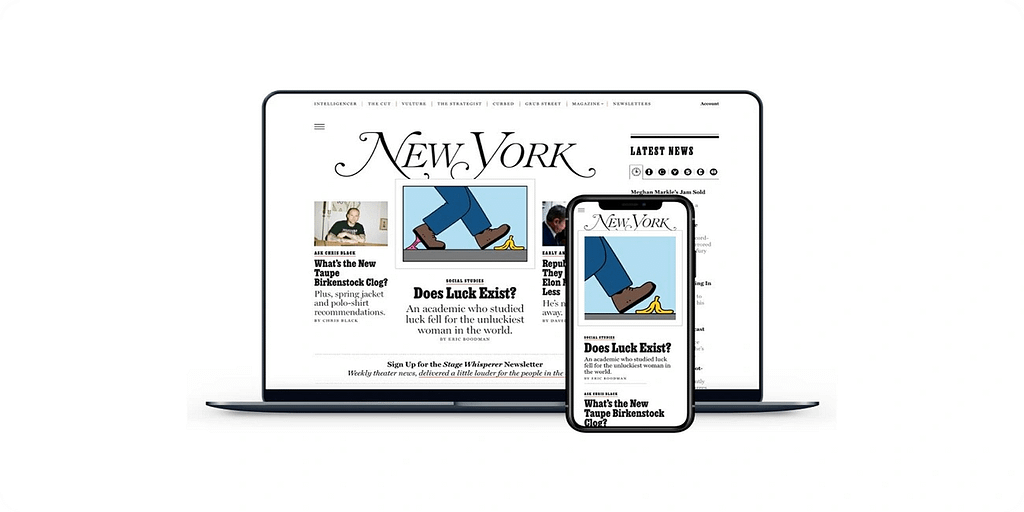 New York Magazine homepage displayed on laptop and smartphone, highlighting responsive website design New York Magazine homepage displayed on a laptop and smartphone screen, showing responsive design with article headlines