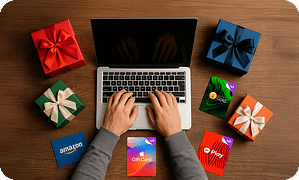 Hands typing on laptop surrounded by digital gift cards and gift boxes, showing how gift cards drive customer engagement and loyalty.
